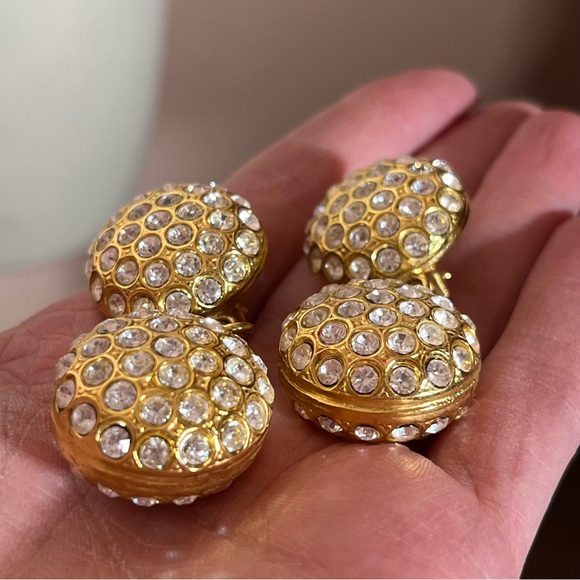 Vintage 80 90 Retro Gold Maximalism Rhinestone Oversized Clip Earrings - Picture 4 of 15